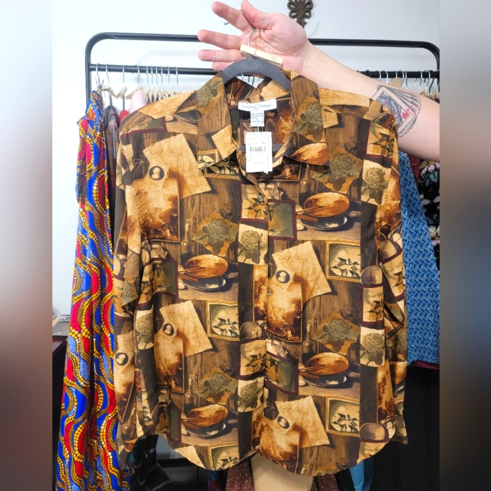 11. Vintage Deadstock Printed Long Sleeve Button Blouse Size Large